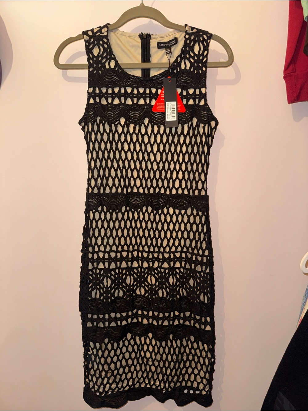 London Times Black Crochet Overlay Midi Dress with Beige Lining